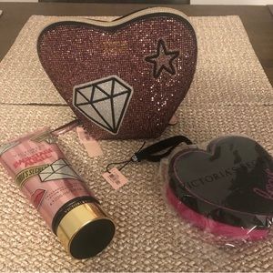 VS makeup bag, body lotion, shimmer sponge NWT